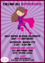 Load image into Gallery viewer, Superhero Girl Birthday Party Invitation Pink Supergirl Super Hero Girl Fly Boogie Bear Invitations Alayna Theme Paperless Printable Printed