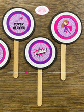 Load image into Gallery viewer, Super Girl Party Cupcake Toppers Birthday Set Superhero Comic Black Pink Purple Wham Supergirl Hero Boogie Bear Invitations Alayna Theme