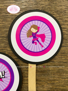 Super Girl Party Cupcake Toppers Birthday Set Superhero Comic Black Pink Purple Wham Supergirl Hero Boogie Bear Invitations Alayna Theme