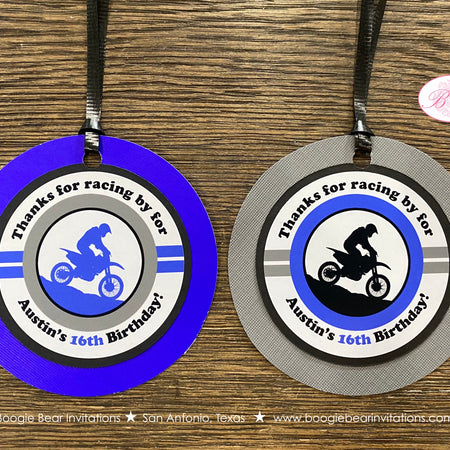 Blue Dirt Bike Birthday Party Favor Tags Black Grey Boy Girl Motorcycle Motocross Enduro Sports Racing Boogie Bear Invitations Austin Theme