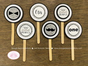 Mr. Wonderful Birthday Party Cupcake Toppers Set 1st ONE Onederful Mister Little Man Bow Tie Black Silver Boogie Bear Invitations Otis Theme