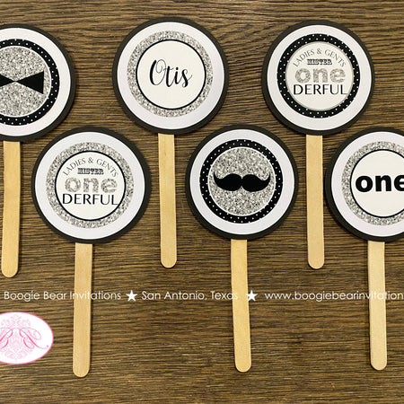 Mr. Wonderful Birthday Party Cupcake Toppers Set 1st ONE Onederful Mister Little Man Bow Tie Black Silver Boogie Bear Invitations Otis Theme