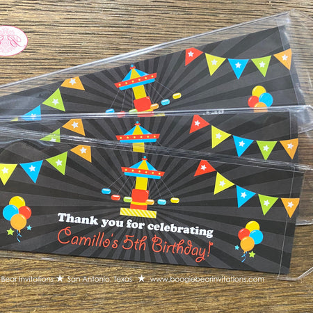 Amusement Park Birthday Party Bookmarks Favor Carousel Horse Girl Boy Blue Game Ferris Wheel Circus Boogie Bear Invitations Camillo Theme
