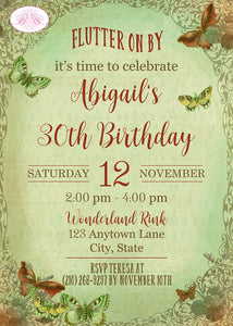 Vintage Butterfly Birthday Party Invitation Green Girl Garden Picnic Park Boogie Bear Invitations Abigail Theme Paperless Printable Printed