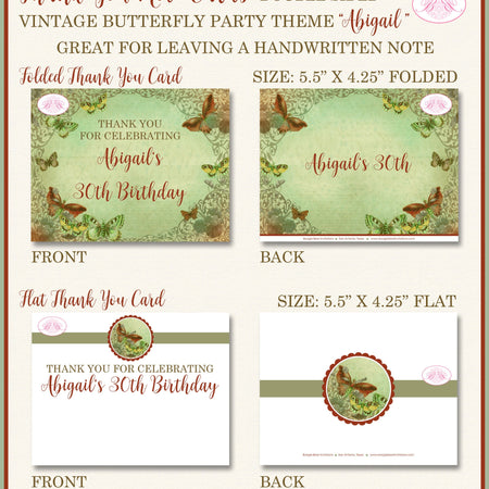 Vintage Butterfly Party Thank You Cards Birthday Green Girl Garden Picnic Park Forest Outdoor Boogie Bear Invitations Abigail Theme Printed