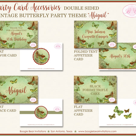 Vintage Butterfly Birthday Party Favor Card Appetizer Food Place Sign Label Green Garden Picnic Park Boogie Bear Invitations Abigail Theme
