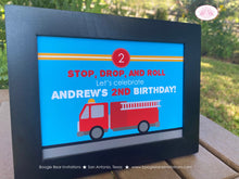 Load image into Gallery viewer, Fire Truck Birthday Party Sign Poster Fireman Man Firefighter Engine EMT Emergency Fighter Boy Hero Boogie Bear Invitations Andrew Theme