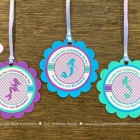 Mermaid Birthday Party Favor Tags Treat Bag Pool Purple Aqua Blue Swim Swimming Ocean Splash Beach Boogie Bear Invitations Andrina Theme