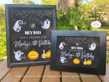 Load image into Gallery viewer, Halloween Ghosts Birthday Party Sign Poster Display Spider Web Pumpkin Haunted Hey Boo Spooky Boy Girl Boogie Bear Invitations Marley Theme