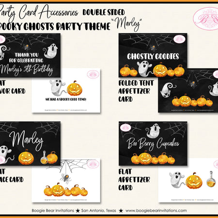 Halloween Ghosts Birthday Party Favor Card Appetizer Food Place Sign Label Pumpkin Spider Web Hey Boo Boogie Bear Invitations Marley Theme