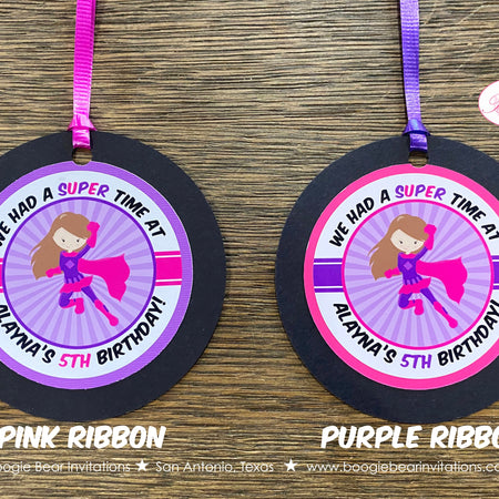 Super Girl Birthday Party Favor Tags Supergirl Hero Pink Purple Superhero Cape Power Costume Wham Pow Boogie Bear Invitations Alayna Theme