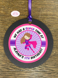 Super Girl Birthday Party Favor Tags Supergirl Hero Pink Purple Superhero Cape Power Costume Wham Pow Boogie Bear Invitations Alayna Theme