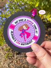Load image into Gallery viewer, Super Girl Birthday Party Favor Tags Supergirl Hero Pink Purple Superhero Cape Power Costume Wham Pow Boogie Bear Invitations Alayna Theme