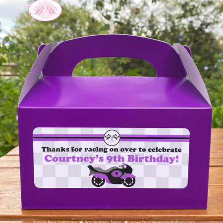 Purple Motorcycle Party Treat Boxes Favor Birthday Tags Bag Enduro Motocross Racing Race Track Street Boogie Bear Invitations Courtney Theme