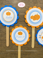 Load image into Gallery viewer, Little Blue Pumpkin Party Cupcake Toppers Set Birthday Fall Autumn Orange Farm Harvest Boy Country Kid Boogie Bear Invitations Aiden Theme