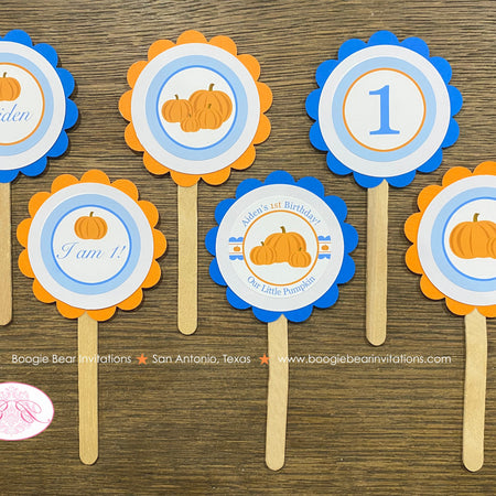 Little Blue Pumpkin Party Cupcake Toppers Set Birthday Fall Autumn Orange Farm Harvest Boy Country Kid Boogie Bear Invitations Aiden Theme