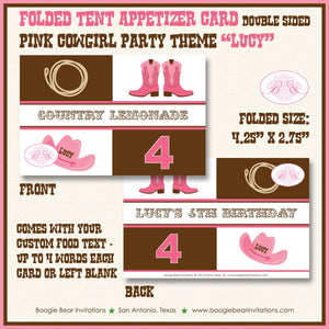 Pink Cowgirl Birthday Party Favor Card Tent Appetizer Food Place Favor Girl Boots Hat Lasso Country Farm Boogie Bear Invitations Lucy Theme