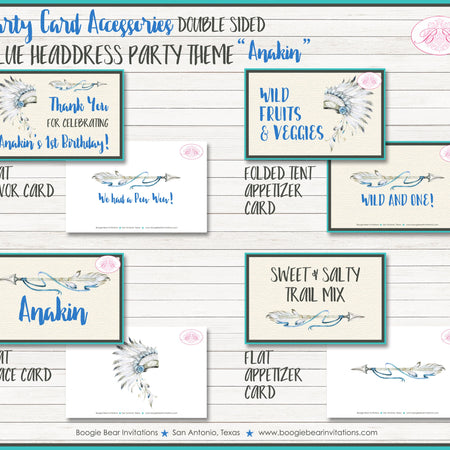 Blue Headdress Birthday Party Favor Card Appetizer Food Place Sign Label Boy Teepee Arrow Tipi Wild Boogie Bear Invitations Anakin Theme
