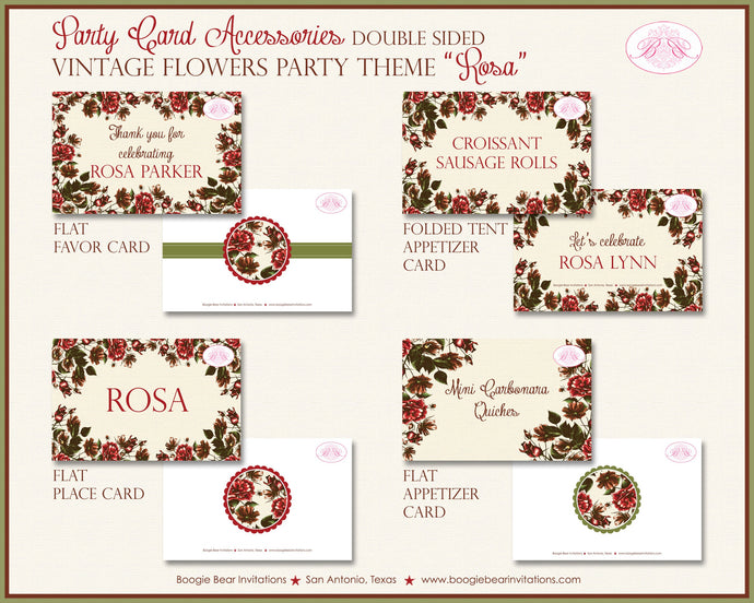 Rose Garden Birthday Party Favor Card Tent Appetizer Food Place Favor Vintage Flowers Red Valentine Day Boogie Bear Invitations Rosa Theme