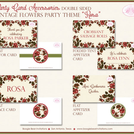 Rose Garden Birthday Party Favor Card Tent Appetizer Food Place Favor Vintage Flowers Red Valentine Day Boogie Bear Invitations Rosa Theme