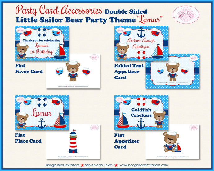 Nautical Sailor Boy Birthday Party Favor Card Tent Appetizer Food Place Favor Boat Red Blue Sail Ocean Boogie Bear Invitations Lamar Theme