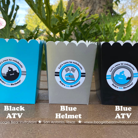 Blue ATV Party Popcorn Boxes Mini Food Buffet Birthday Black Quad All Terrain Vehicle 4 Wheeler Boy Girl Boogie Bear Invitations Seth Theme