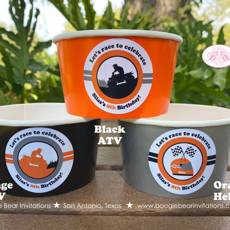 Orange ATV Birthday Party Treat Cups Candy Buffet Paper Black Quad All Terrain Vehicle 4 Wheeler Racing Boogie Bear Invitations Silas Theme
