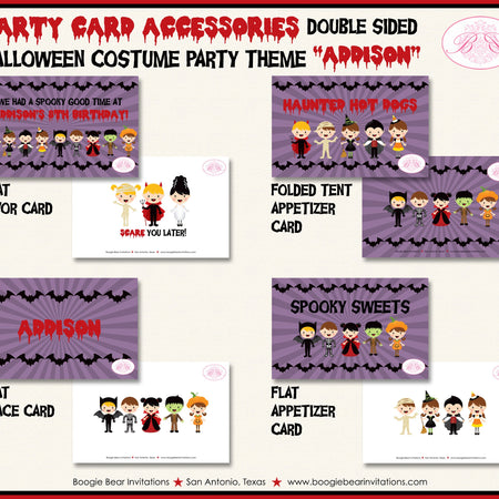 Halloween Birthday Party Favor Card Appetizer Food Place Sign Label Costume Contest Boy Girl Retro Bat Boogie Bear Invitations Addison Theme