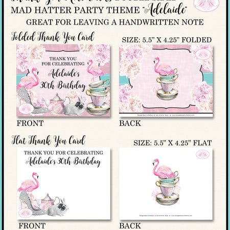 Mad Hatter Party Thank You Cards Birthday Pink Flamingo Alice in Wonderland Rabbit Sweet 16 Boogie Bear Invitations Adelaide Theme Printed