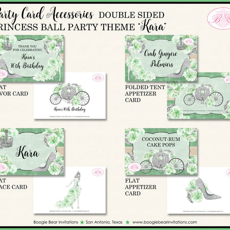 Princess Ball Birthday Favor Party Card Appetizer Food Place Sign Label Crown Glitter Cinderella Castle Boogie Bear Invitations Kara Theme