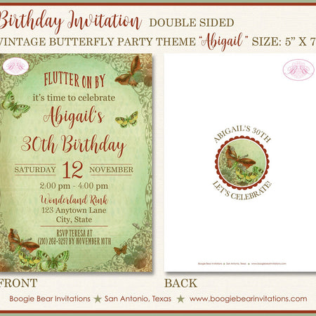 Vintage Butterfly Birthday Party Invitation Green Girl Garden Picnic Park Boogie Bear Invitations Abigail Theme Paperless Printable Printed