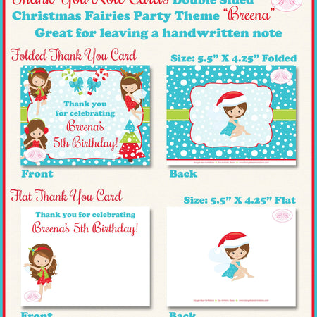Christmas Fairy Party Thank You Cards Birthday Girl Winter Red Green Blue Snow Snowing Fairies Boogie Bear Invitations Breena Theme Printed