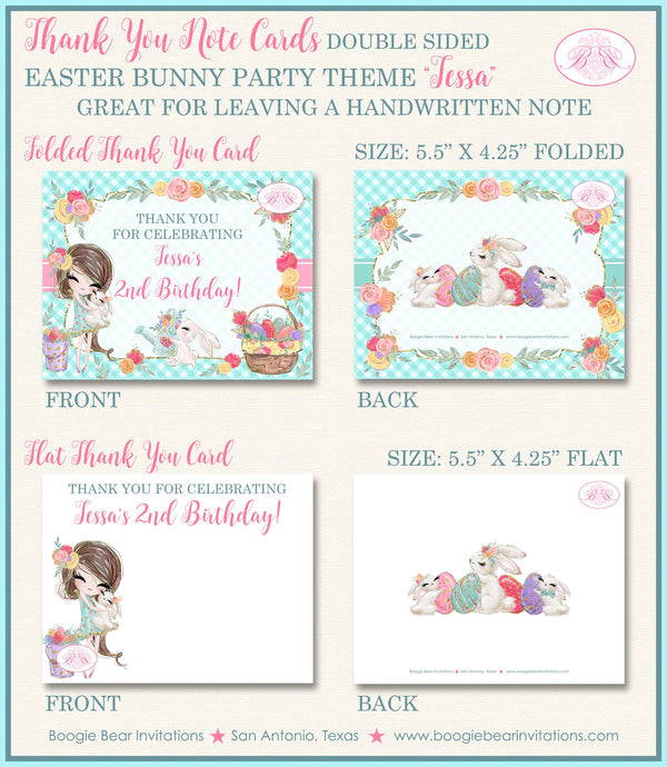 Easter Bunny Party Thank You Card Note Birthday Egg Hunt Girl Flower Pink Aqua Spring Rabbit Boogie Bear Invitations Tessa Theme Printed