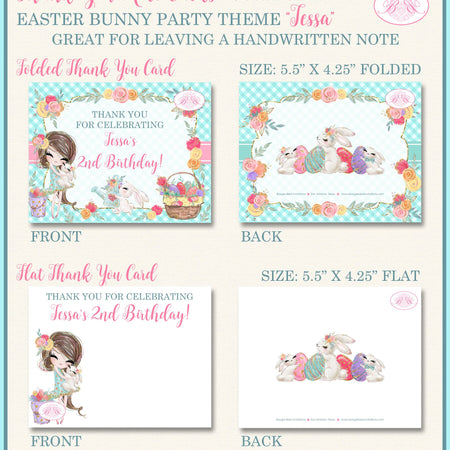 Easter Bunny Party Thank You Card Note Birthday Egg Hunt Girl Flower Pink Aqua Spring Rabbit Boogie Bear Invitations Tessa Theme Printed