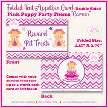 Load image into Gallery viewer, Pink Puppy Birthday Favor Party Card Appetizer Food Place Sign Label Dog Purple Pet Paw Pawty Adoption Boogie Bear Invitations Carmen Theme