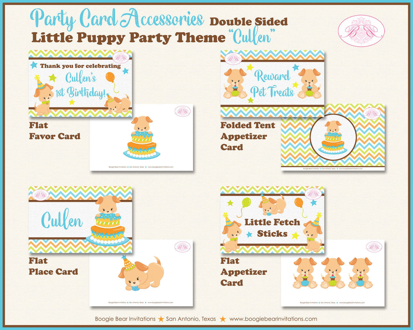 Little Puppy Birthday Favor Party Card Appetizer Food Place Sign Label Dog Pet Paw Pawty Adoption Blue Boogie Bear Invitations Cullen Theme