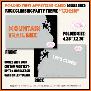 Rock Climbing Birthday Party Favor Card Appetizer Food Place Sign Label Wall Mountain Orange Boy Girl Boogie Bear Invitations Corin Theme