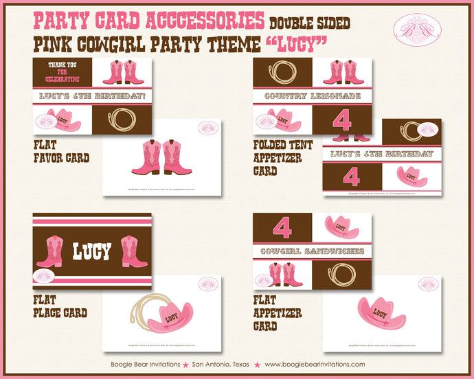 Pink Cowgirl Birthday Party Favor Card Tent Appetizer Food Place Favor Girl Boots Hat Lasso Country Farm Boogie Bear Invitations Lucy Theme
