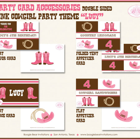 Pink Cowgirl Birthday Party Favor Card Tent Appetizer Food Place Favor Girl Boots Hat Lasso Country Farm Boogie Bear Invitations Lucy Theme