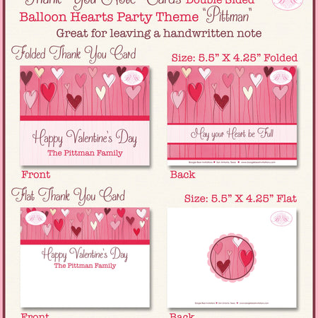 Balloon Hearts Valentine Thank You Card Party Day Birthday Red White Pink Holiday Dinner Love Boogie Bear Invitations Pittman Theme Printed