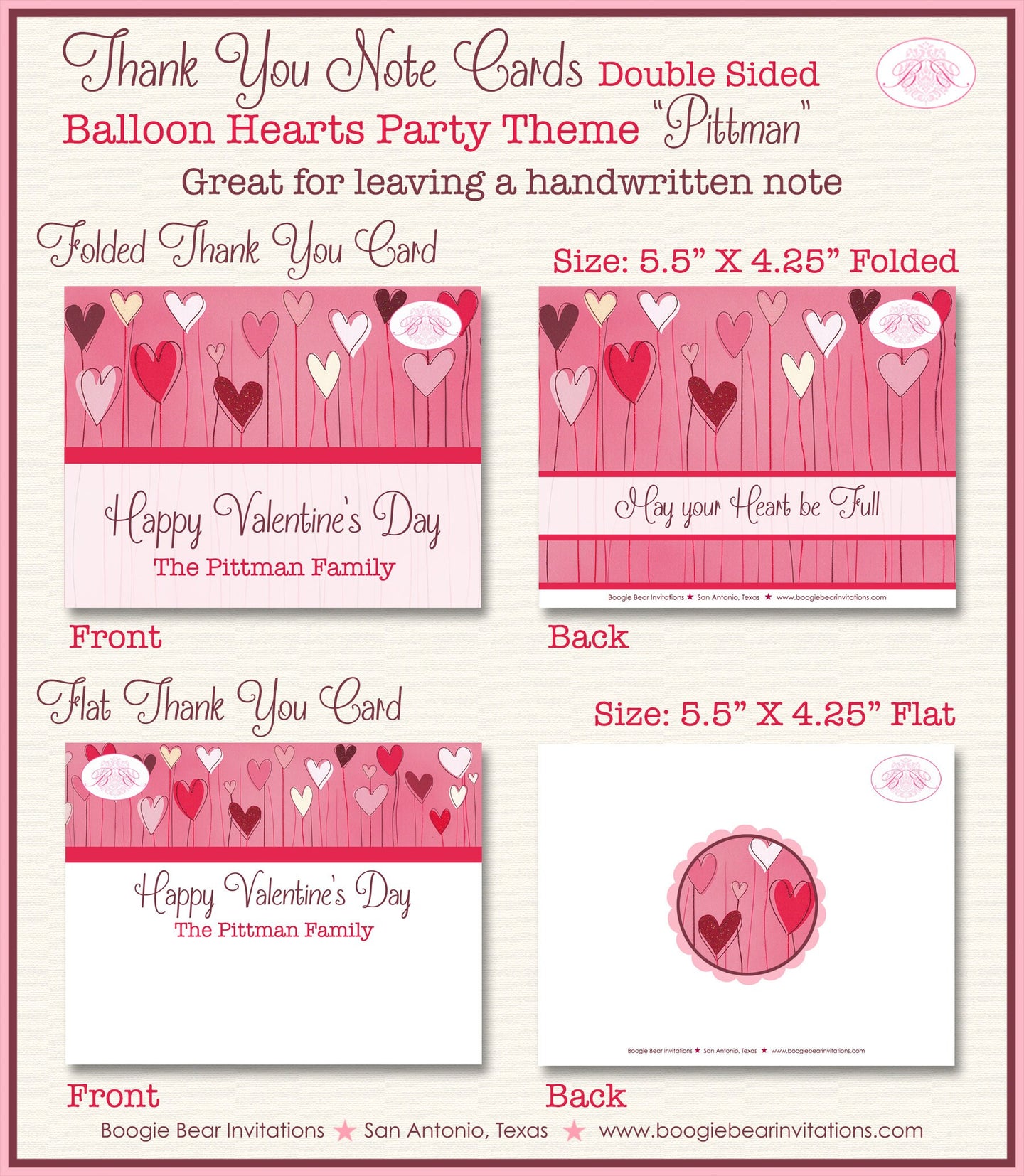 Balloon Hearts Valentine Thank You Card Party Day Birthday Red White Pink Holiday Dinner Love Boogie Bear Invitations Pittman Theme Printed