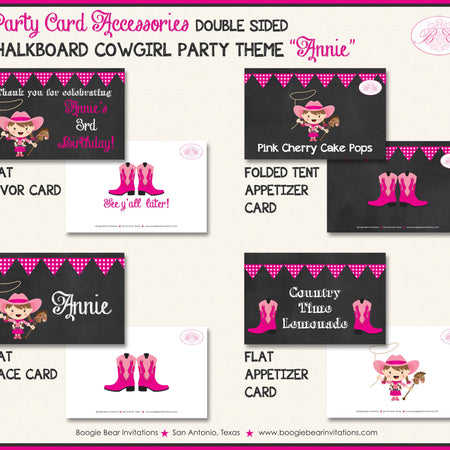 Pink Cowgirl Birthday Party Favor Card Appetizer Food Place Sign Label Chalkboard Country Girl Boogie Bear Invitations Annie Theme Printed