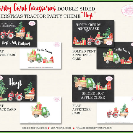 Christmas Tractor Birthday Party Favor Card Appetizer Food Place Sign Label Truck Red Chalkboard Farm Boogie Bear Invitations Hoyt Theme