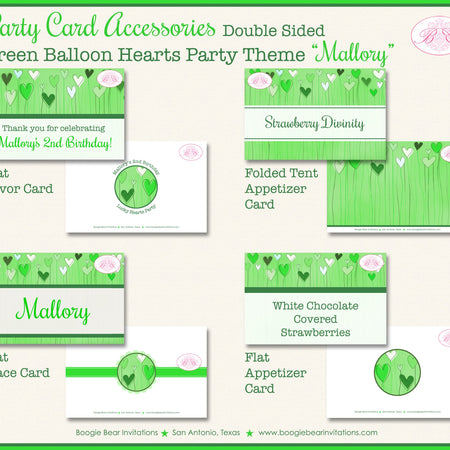 Green Hearts Birthday Party Favor Card Tent Appetizer Food Place Favor Balloon Valentine's Day Garden Boogie Bear Invitations Mallory Theme
