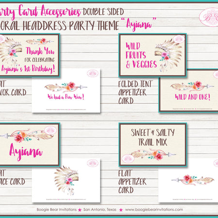Pink Headdress Birthday Party Favor Card Appetizer Food Place Sign Label Girl Teepee Arrow Tipi Wild Boogie Bear Invitations Ayiana Theme