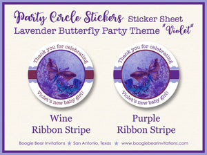 Vintage Butterfly Party Stickers Circle Tag Baby Shower Purple Flower Garden Antique Outdoor Birthday Boogie Bear Invitations Violet Theme