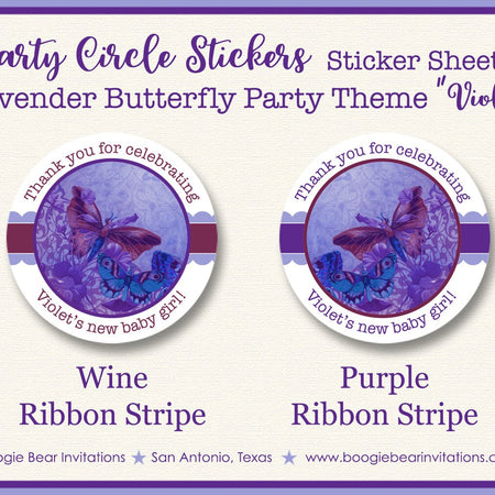 Vintage Butterfly Party Stickers Circle Tag Baby Shower Purple Flower Garden Antique Outdoor Birthday Boogie Bear Invitations Violet Theme