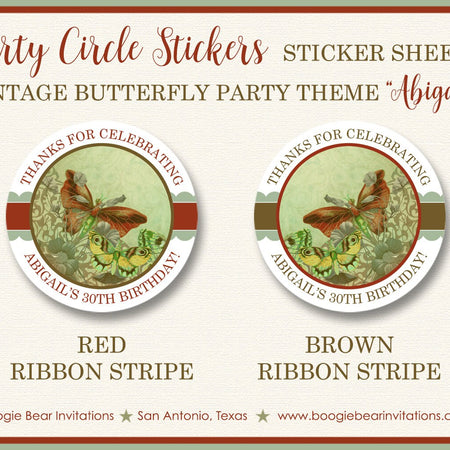 Vintage Butterfly Party Stickers Circle Tag Birthday Flower Garden Green Antique Outdoor Picnic Spring Boogie Bear Invitations Abigail Theme