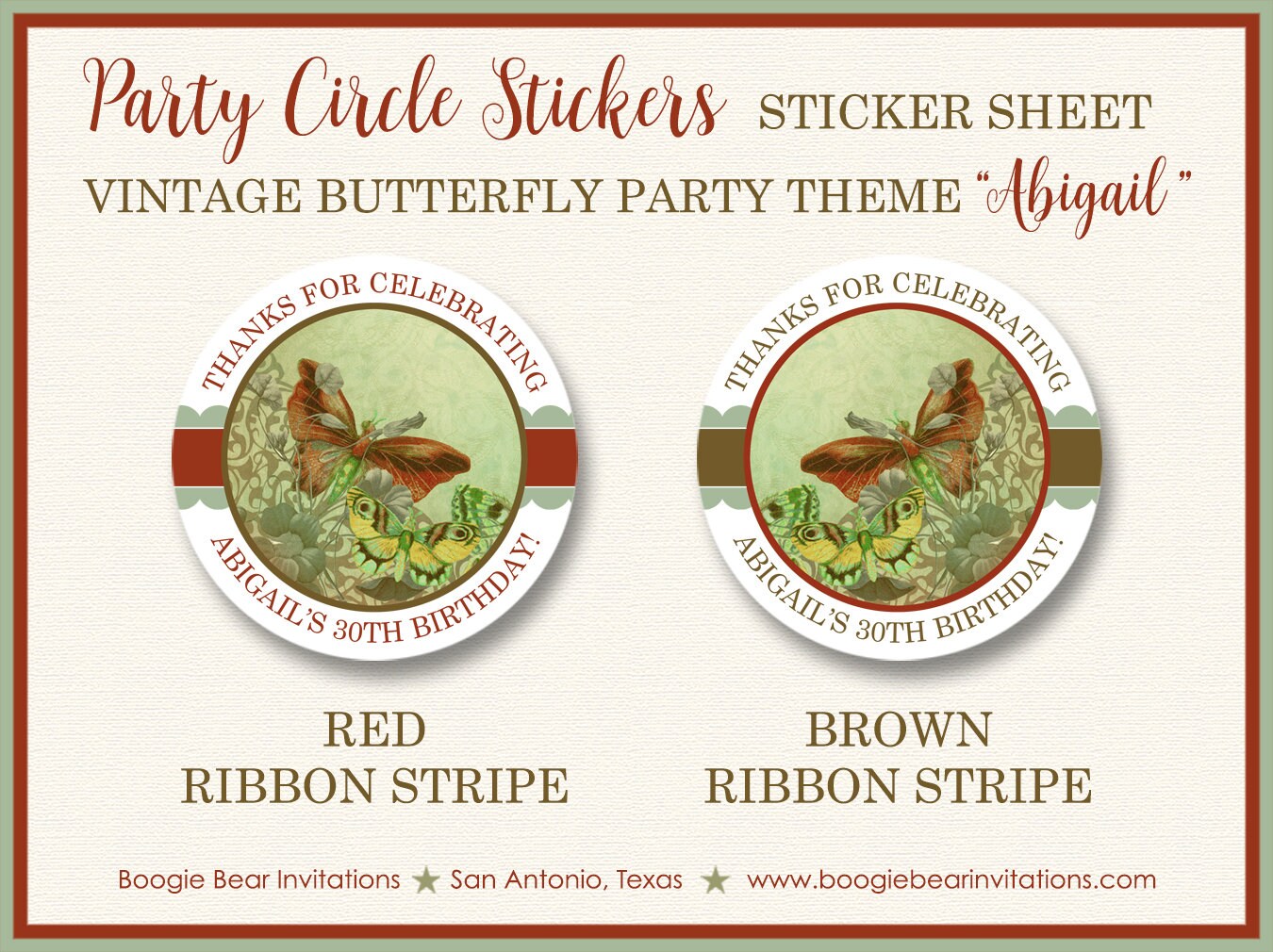Vintage Butterfly Party Stickers Circle Tag Birthday Flower Garden Green Antique Outdoor Picnic Spring Boogie Bear Invitations Abigail Theme