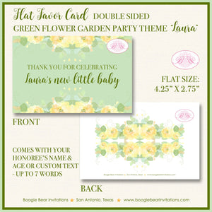Green Flower Garden Baby Shower Favor Party Card Appetizer Food Place Sign Label Spring Summer Floral Boogie Bear Invitations Laura Theme